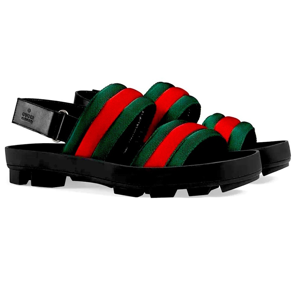 New In Box Gucci ‘Sam’ Green/Red Web Striped Leather Sandals 7EU/8US $695.00